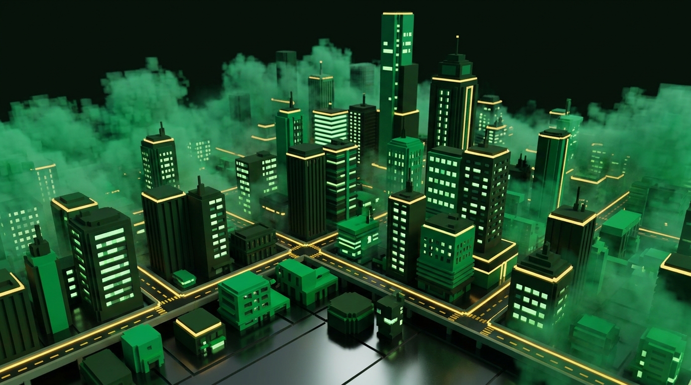 A city skyline built from emerald voxel blocks