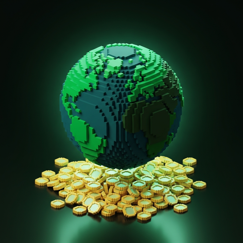 A voxel globe resting on a bed of gold coins